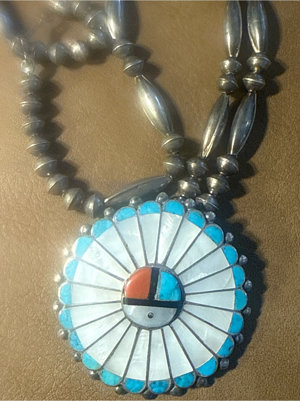 Vintage Sunface Sterling Silver Inlay Strung on hand made sterling beads